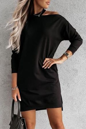 Black Single Cold Shoulder T-shirt Dress with Slits