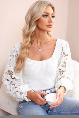 White Crochet Lace Sleeve Ribbed Knit Sweater