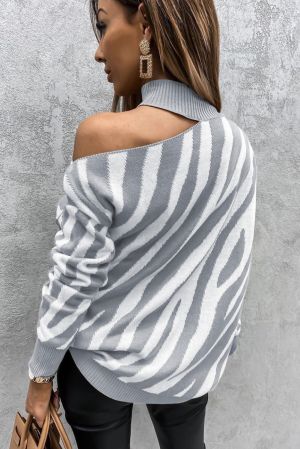 Gray Zebra Print Mock Neck Cold Shoulder Sweater