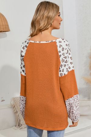 Orange Leopard Colorblock Waffle Knit Top