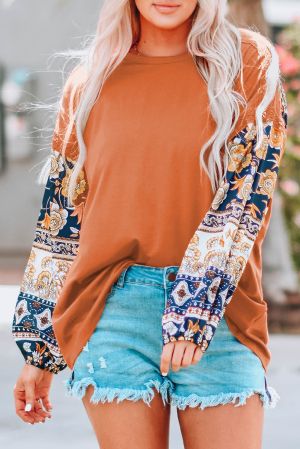 Boho Floral Print Balloon Sleeve Top with Lace Details