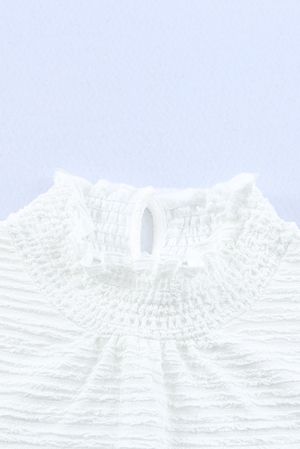 White Frilled Smocked Neck Textured Bishop Sleeve Blouse