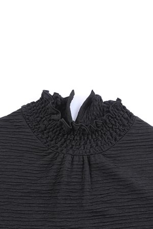 Black Frilled Smocked Neck Textured Bishop Sleeve Blouse