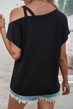Black Asymmetric Criss Cross One Shoulder T Shirt