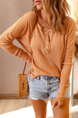 Дамска блуза в оранжево с дълъг ръкав и деколте тип хенли