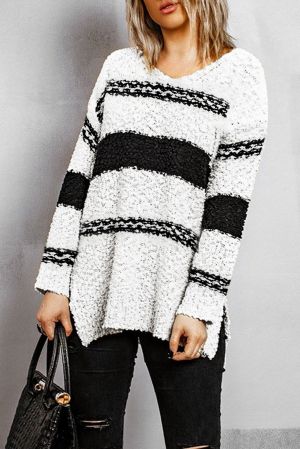 Striped Colorblock V Neck Long Sleeve Knitted Sweater
