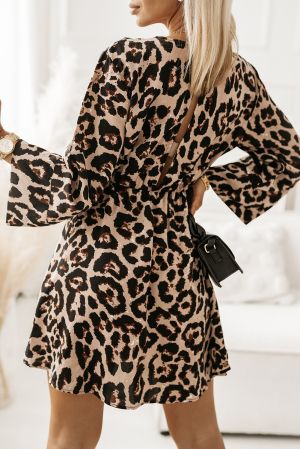 Leopard Print Wrapped V Neck Wide Sleeves Shirt Dress