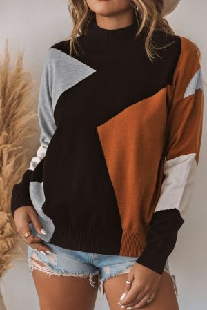 Orange Color Block Mock Neck Drop Shoulder Knit Sweater