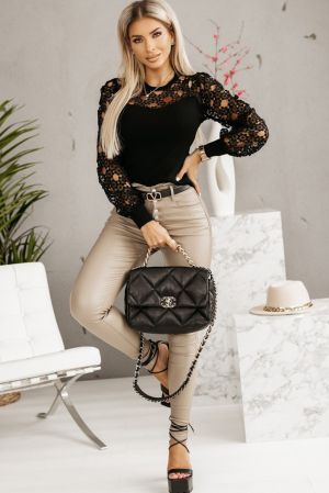 Black Hollowed Floral Lace Splicing Long Sleeve Top