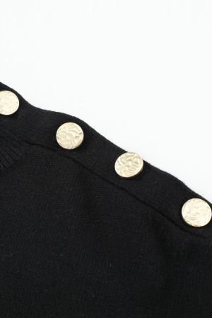 Black Striped Turtleneck Long Sleeve Sweater with Buttons