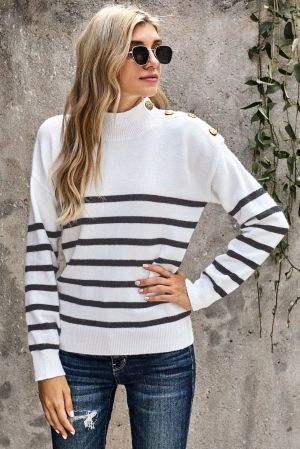White Striped Turtleneck Long Sleeve Sweater with Buttons