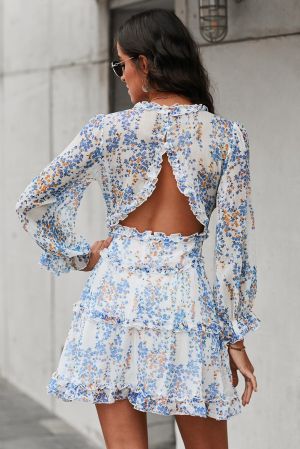 White Ruffle Detailing Open Back Floral Dress