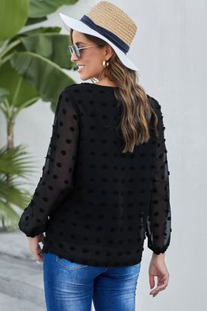Дамска блуза в черно с дълъг ръкав и принт на точки