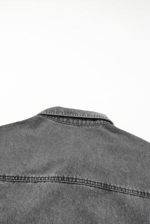 Medium Grey Plaid Patch Distressed Flap Pocket Denim Shacket