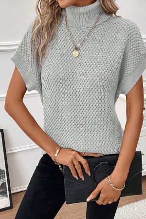 Light Grey Turtleneck Textured Short Sleeve Sweater