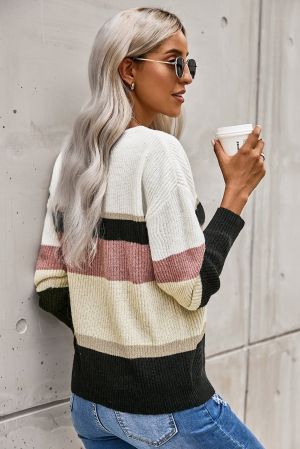 Casual Color-Block Striped Long Sleeve V Neck Sweater