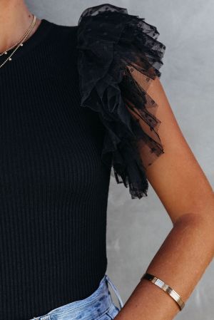 Black Dotty Mesh Ruffle Sleeve Ribbed Knit Top