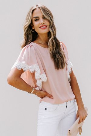 Pink Satin Lace Flutter Sleeve Top