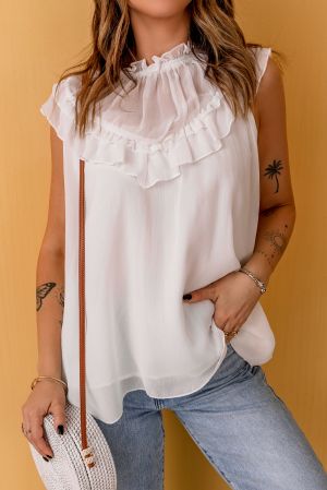 White Frilled Detail Tulle Tank Top