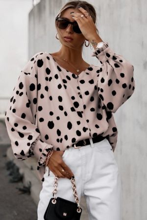 Дамска уголемена риза в розово с дълъг ръкав и принт на точки