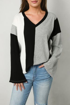 Дамска блуза с дълъг ръкав, 'color block' дизайн и V-образно деколте