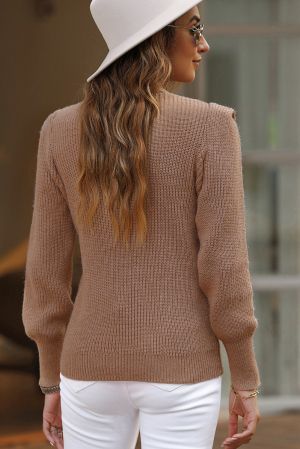 Brown Braided Notched V Neckline Puff Sleeve Knitted Sweater