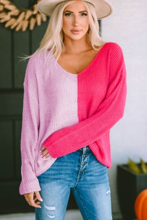 Дамски пуловер с 'color block' дизайн в розово и лилаво