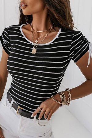 Black Striped Drawstring Sleeve Contrast Neckline T Shirt