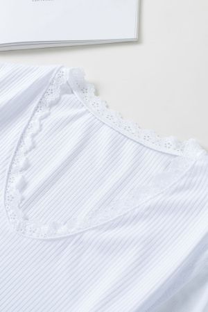 White Lace Trim Round Neck Mesh Sleeve Ribbed Top