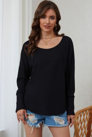 Black Waffle Knit Splicing Buttons Long Sleeve Top