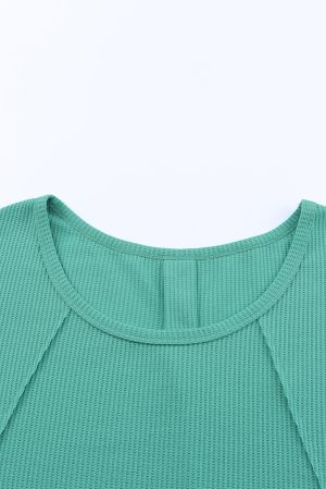 Green Waffle Knit Splicing Buttons Long Sleeve Top