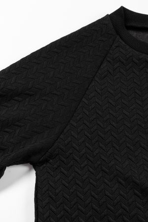 Black Solid Textured Raglan Sleeve Pullover Sweatshirt