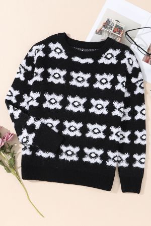 White Printed Retro Flower Pattern Knit Fuzzy Sweater