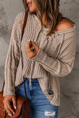 Дамски накъсан пуловер в бежово, с качулка и връзки