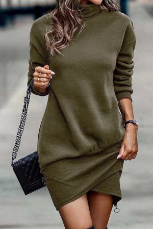 Green High Neck Long Sleeve Wrapped Dress