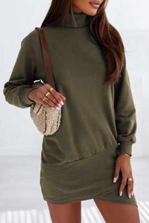 Green High Neck Long Sleeve Wrapped Dress