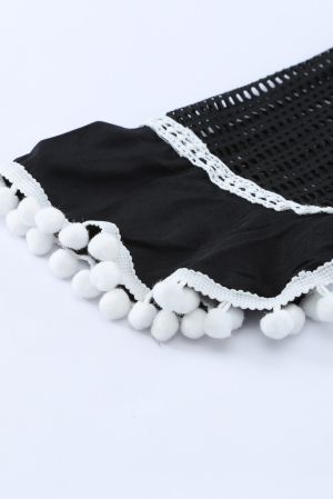 Black Crochet Pom Pom Trim Beach Tunic Cover up