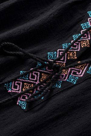 Black Tassel Drawstring Embroidered Half Sleeve V Neck Top