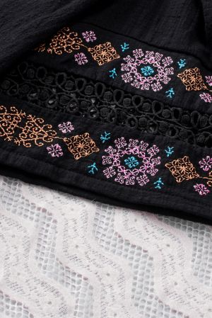Black Tassel Drawstring Embroidered Half Sleeve V Neck Top