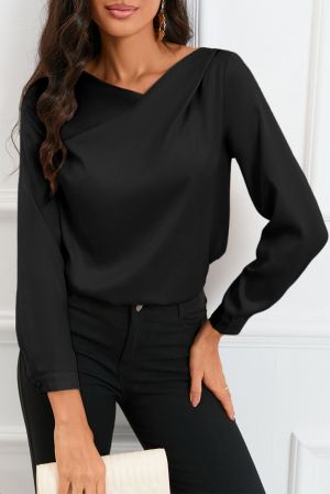 Дамска елегантна блуза в черен цвят с дълъг ръкав и асиметрично деколте