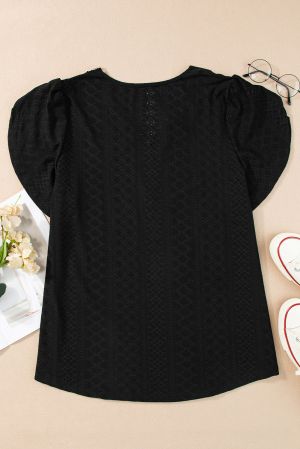 Дамска блуза в черно с къс ръкав и V-образно деколте с контрастна бродерия