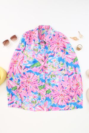 Pink Abstract Floral Print Buttoned Sheath Long Sleeve Shirt