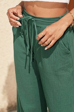 Дамски панталон в зелено, с висока талия и широки крачоли, 100% памук
