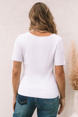 White Square Neck Cut out Ribbed Knit Short Sleeve Top