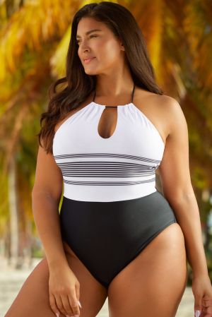Halter Neck Striped Backless One-piece Swimwear