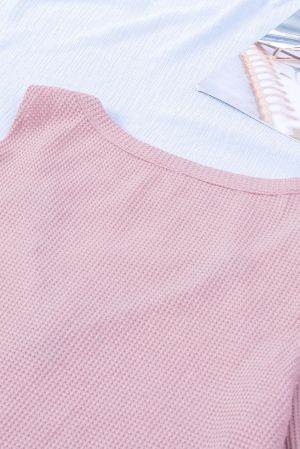 Pink Zip Neck Cut-out Waffle Knit Long Sleeve Top