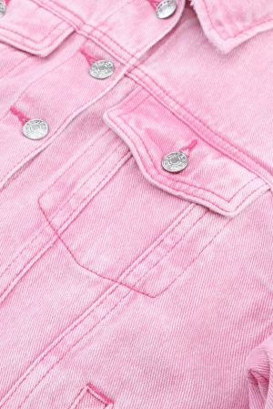 Pink Acid Wash Button Flap Pocket Denim Jacket