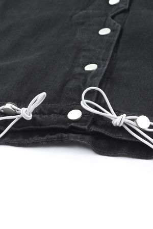 Black Solid Color Hooded Denim Vest Jacket