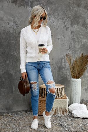 White Buttons Weave Knit Cardigan