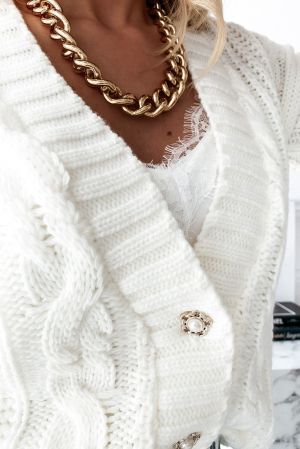 White Buttons Weave Knit Cardigan